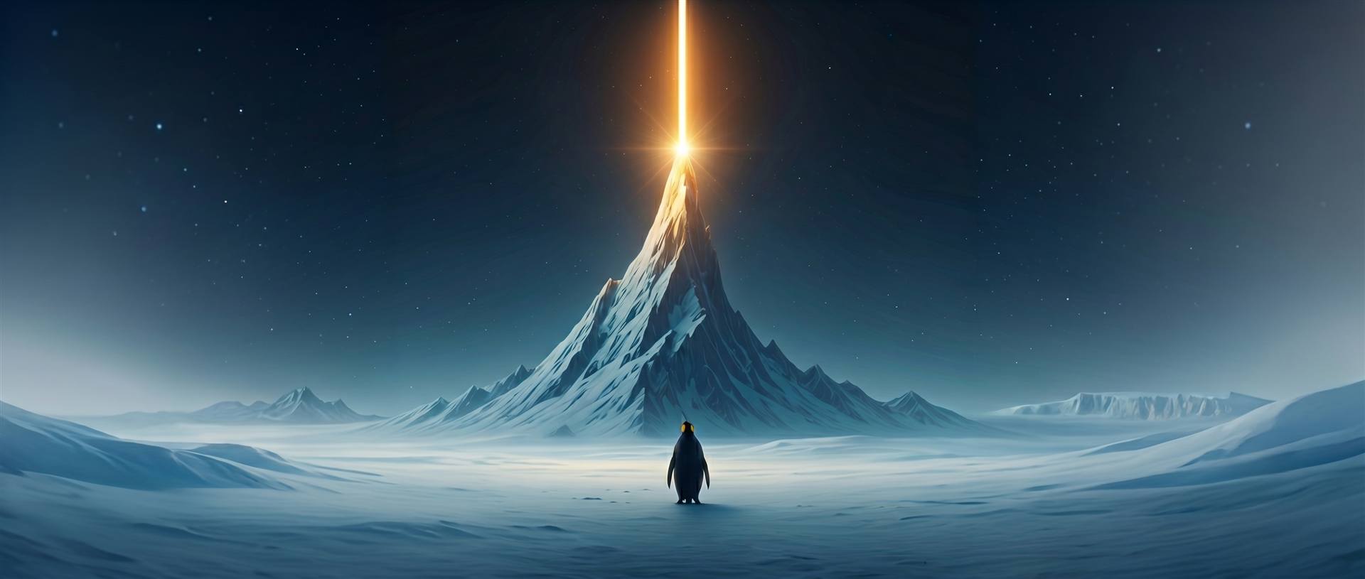 Uma cena cinematográfica ampla de uma vasta paisagem ártica nevada ao entardecer.
